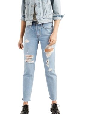 Levi's Wedgie Icon Jeans Taper Raw Ankle Hem Distressed Premium Denim Size 28